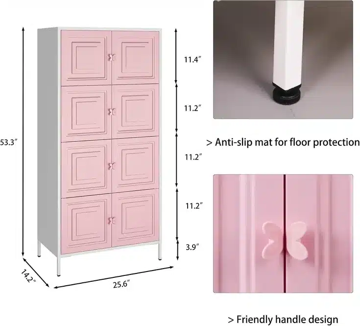 Pink Multi-Door Storage Cabinet Organizer with Elevated Metal Stand