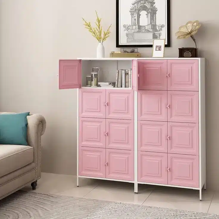 Pink Multi-Door Storage Cabinet Organizer with Elevated Metal Stand