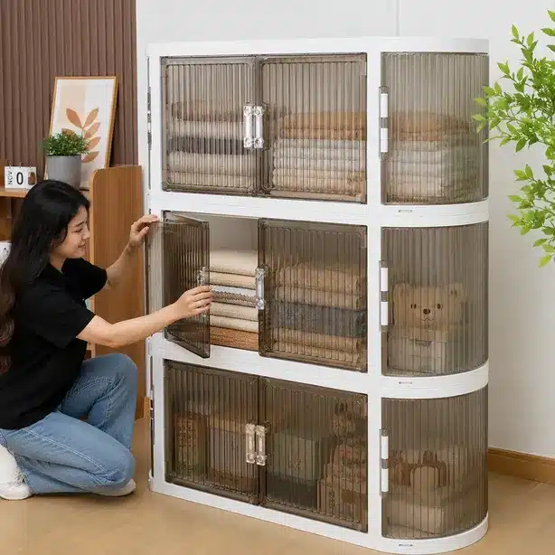 Multi-Layer Foldable Storage Cabinet Organizer with Double Doors