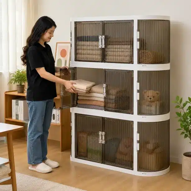 Multi-Layer Foldable Storage Cabinet Organizer with Double Doors