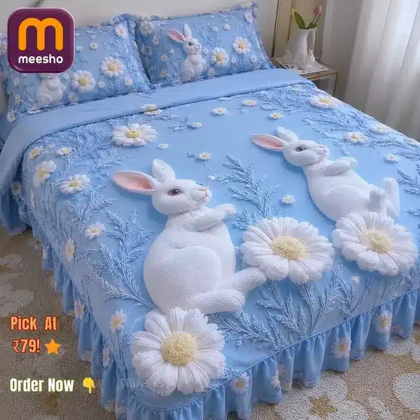 3D Rabbit Floral Plush Bed Sheet Set with Pillow Covers